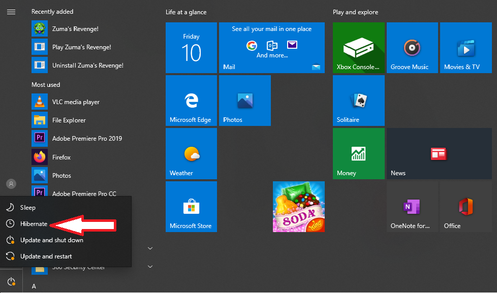 add hibernate to power options in Windows 10.